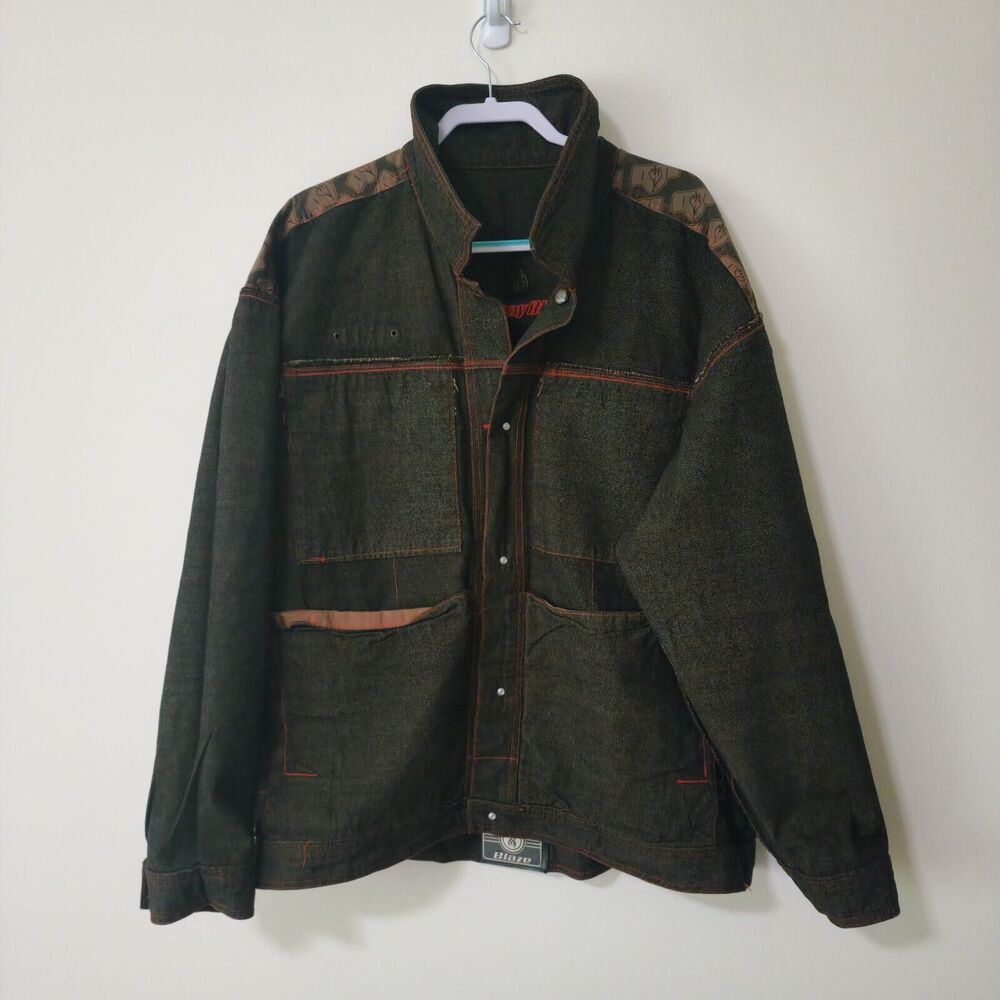 Johnny Blaze Y2K Mens Denim Jacket Brown Red Stitches Cotton Button-Up Logo 2XL - Picture 6 of 9